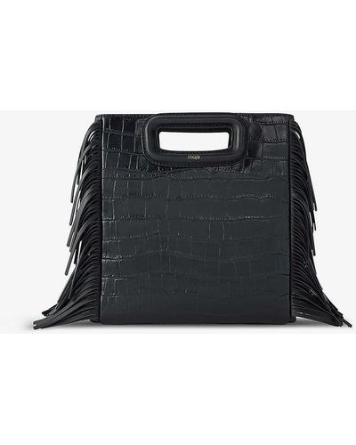Maje M Fringed-trim Croc-embossed Leather Cross-body Bag - Black