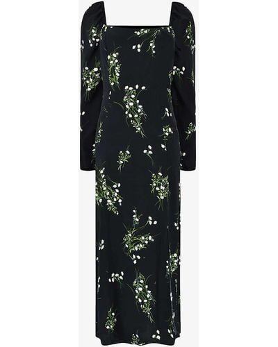 Ro&zo Square-neck Floral-print Woven Midi Dress - Black