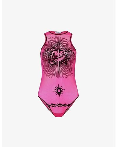 Jean Paul Gaultier Safe Sex Graphic-print Mesh Body - Pink