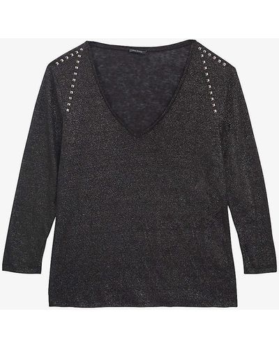 IKKS Stud-embellished Long-sleeve Linen T-shirt - Black