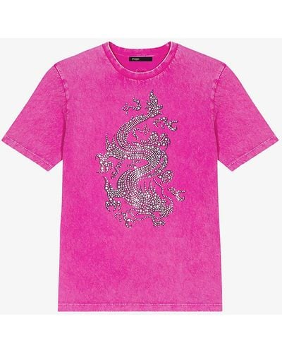 Maje Rhinestone-embroidered Short-sleeve Cotton T-shirt - Pink