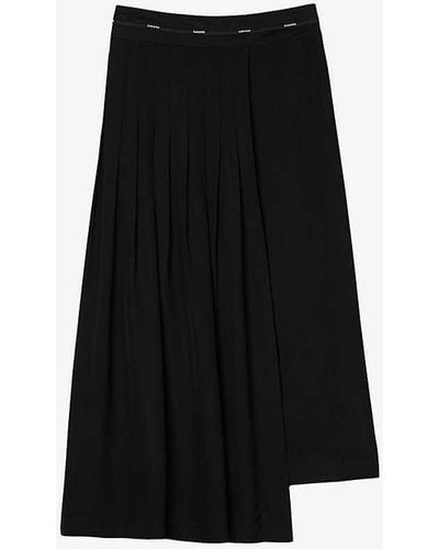 Sandro Logo-trim Asymmetric-hem Woven Midi Skirt - Black
