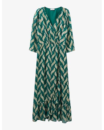 IKKS Paisley-print Metallic-knit Midi Dress - Green
