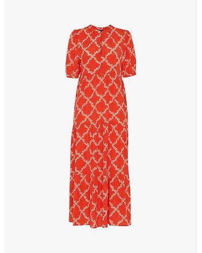 Whistles Daisy Floral-print Checked Woven Midi Dress - Red