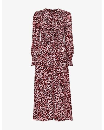 Whistles Animal-print Puff-sleeved Woven Midi Dress - Red