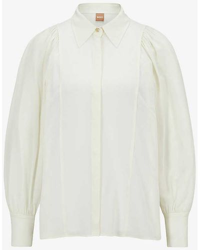 BOSS Point-collar Gathered-shoulders Silk Blouse - White