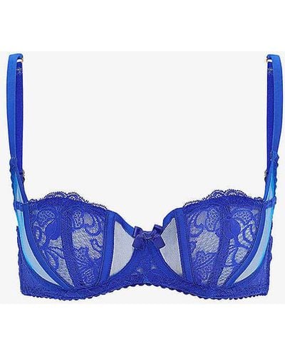 Agent Provocateur Rozlyn Bow-embellished Underwired Woven Balconette Bra - Blue