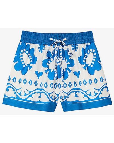 Sandro Graphic-print Elasticated-waist Cotton Shorts - Blue