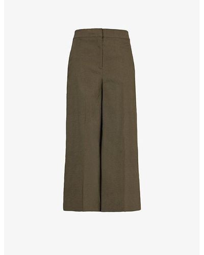 Theory Wide-leg Mid-rise Cropped Linen-blend Cropped Trousers - Green