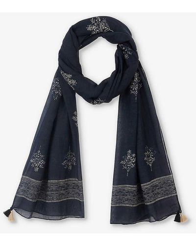 The White Company Leaf-motif Tassel-embroidered Cotton And Silk-blend Scarf - Blue