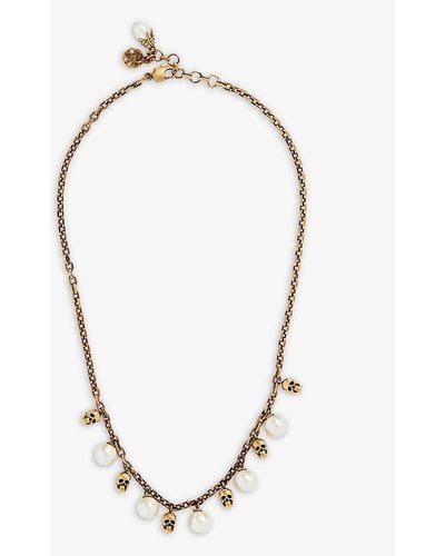 Alexander McQueen Skull-embellished Faux-pearl And Brass Charm Necklace - Blue