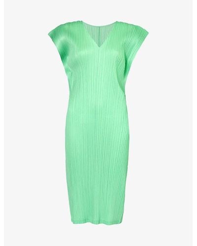 Pleats Please Issey Miyake V-neck Pleated Knitted Midi Dress - Green