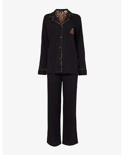Lauren by Ralph Lauren Logo-embroidered Contrast-trim Cotton-blend Pajamas - Black
