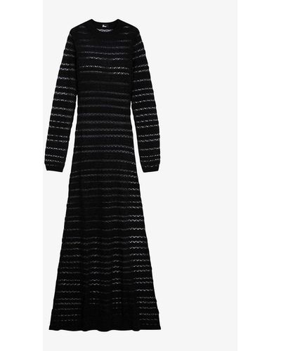 The Kooples Openwork-stripe Knitted Woven Midi Dress - Black