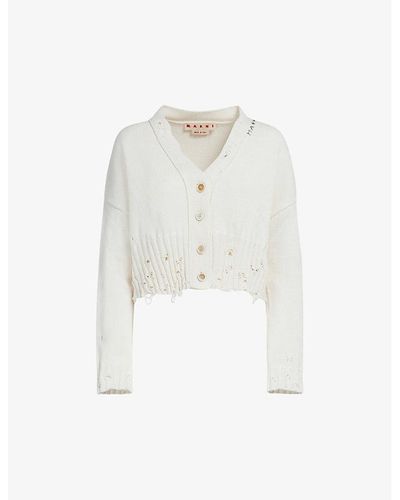 Marni Distressed V-neck Cotton-knit Cardigan - White
