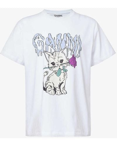 Ganni Rose Cat Graphic-pattern Organic-cotton T-shirt - White