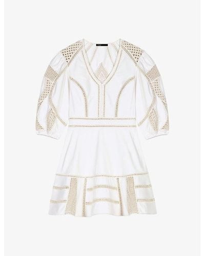 Maje Crochet-embroidered Flared-skirt Cotton Mini Dress - White