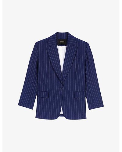 Maje Padded-shoulder Relaxed-fit Striped Stretch-wool Blazer - Blue