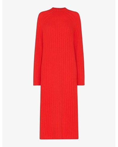 Whistles Long-sleeved Ribbed Knitted Midi Dress - Red