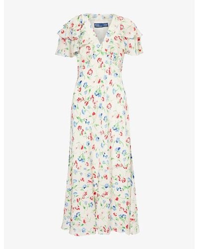 Polo Ralph Lauren Floral-print Frilled-sleeve Silk Midi Dress - Metallic