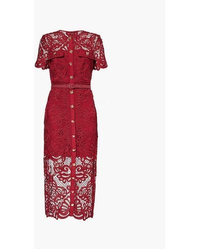 Self-Portrait Belted-waist Embroide Woven Midi Dress - Red