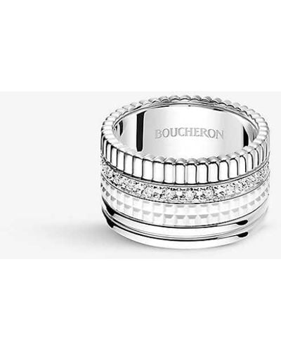 Boucheron Quatre Double White Edition Large 18ct White-gold, White Hyceram And 0.52ct Round-brilliant Cut Diamond Rin