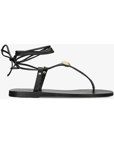 Ancient Greek Sandals Persephone Gold-tone Applique Leather Sandals - Black