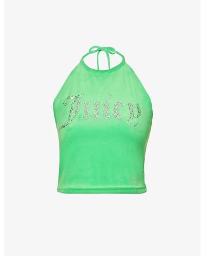 Juicy Couture Halterneck Brand-embellished Velour Top - Green