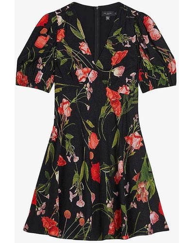 Ted Baker Sienno Puff-sleeve Floral-print Woven Mini Dress - Black