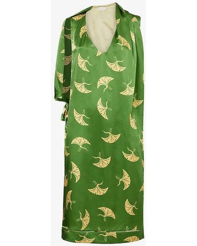 Dries Van Noten Crane Bird-print V-neck Relaxed-fit Silk Midi Dress - Green