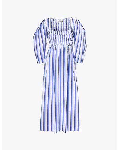 Ganni Striped Balloon-sleeve Organic-cotton Midi Dress - Blue