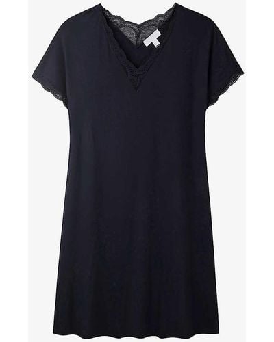 The White Company Lace-trim V-neck Stretch-jersey Night Dress - Blue
