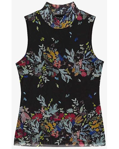 Ted Baker Delhia Graphic-print High-neck Stretch-mesh Top - Black