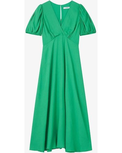 LK Bennett Hermia V-neck Puff-sleeve Woven Midi Dress - Green