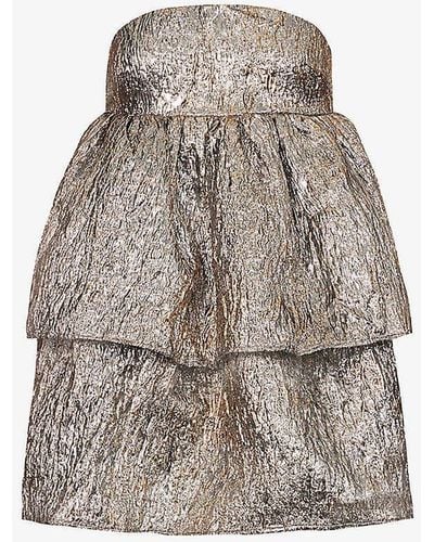 Amy Lynn Sara Tiered-hem Metallic-jacquard Woven Mini Dres - Natural