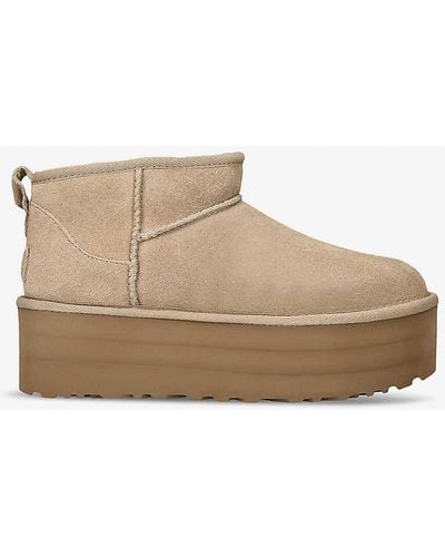 UGG Classic Ultra Mini Suede And Shearling Platform Ankle Boots - Natural