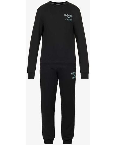 Emporio Armani Brand-print Cotton-blend Pyjama Set - Black