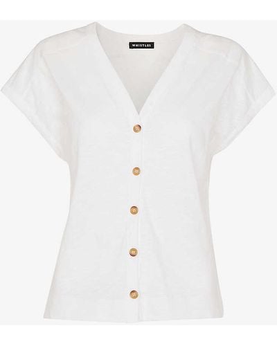 Whistles Aubrie Button-through V-neck Cotton Top - White