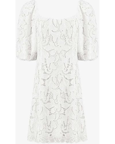 Ro&zo Square-neck Puff-sleeve Lace Woven Mini Dress - White