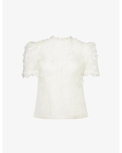 Zimmermann Floral-appliqué Slim-fit Linen And Silk-blend Top - White
