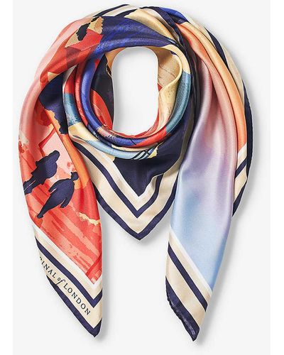 Aspinal of London Graphic-print Branded Silk Scarf - Blue