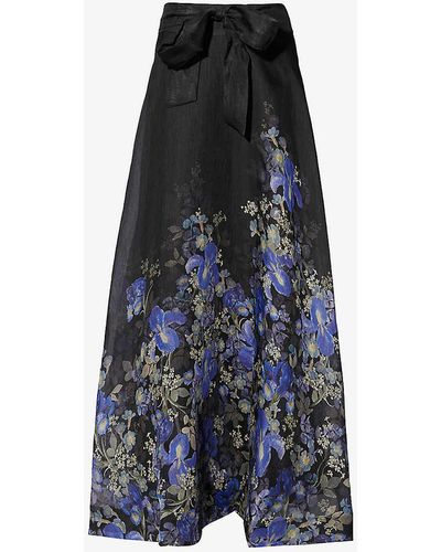 Zimmermann Lyrical Floral-print Linen And Silk-blend Maxi Skirt - Blue