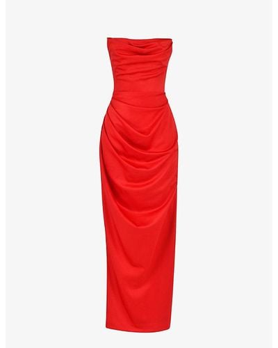 House Of Cb Adrienne Strapless Corset Stretch-satin Maxi Dress - Red