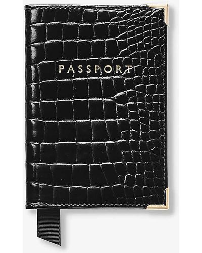 Aspinal of London Patent Crocodile-embossed Leather Passport Cover - Black