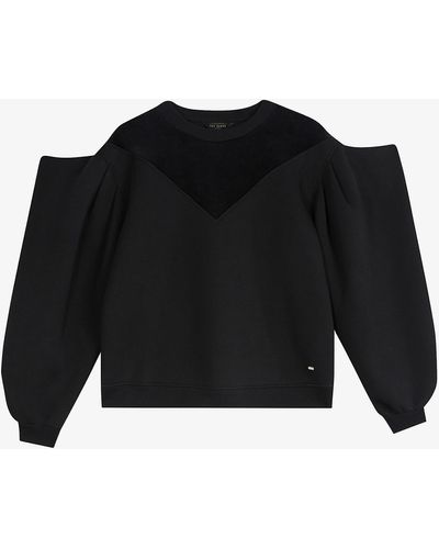 Ted Baker Aliyy Puff-sleeve Velvet-panel Cotton-blend Sweatshirt - Black