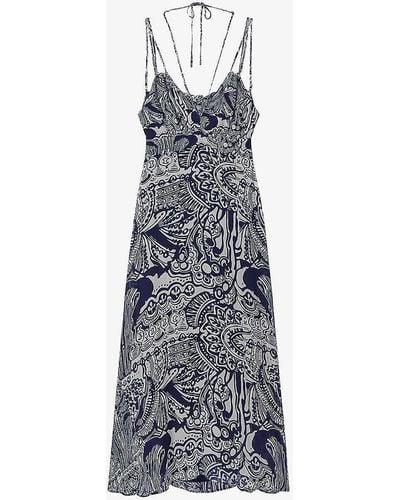 Reiss Vy Quinn Graphic-print Side-split Woven Midi Dress - Blue