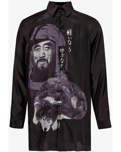 Yohji Yamamoto Graphic-print Relaxed Fit Silk Shirt - Black