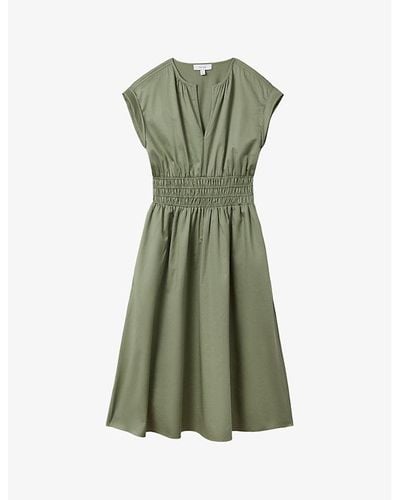 Reiss Lena Ruched-waist Cotton Midi Dress - Green