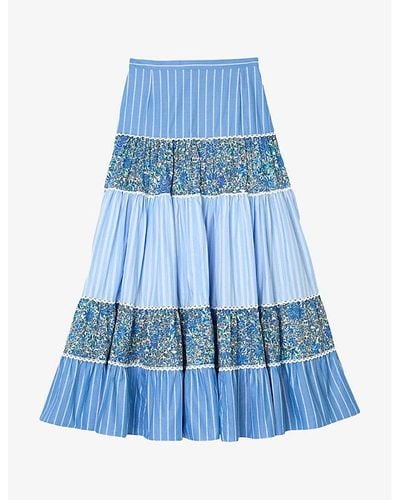 Sandro Patchwork Ruffled Cotton Maxi Skirt - Blue