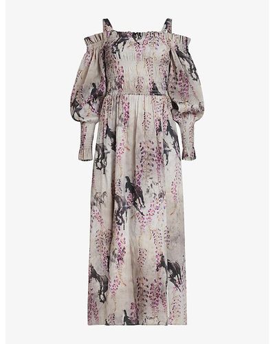 AllSaints Lary Dionne Graphic-print Shirred-bodice Woven Midi Dress - Multicolour